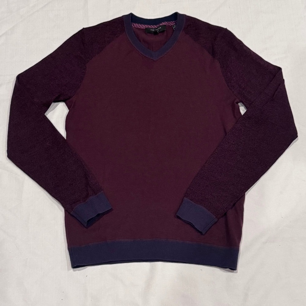 Ted Baker Sweater Size 1 Burgundy Merino Wool V-Neck Preppy Luxury‎ Extra Small